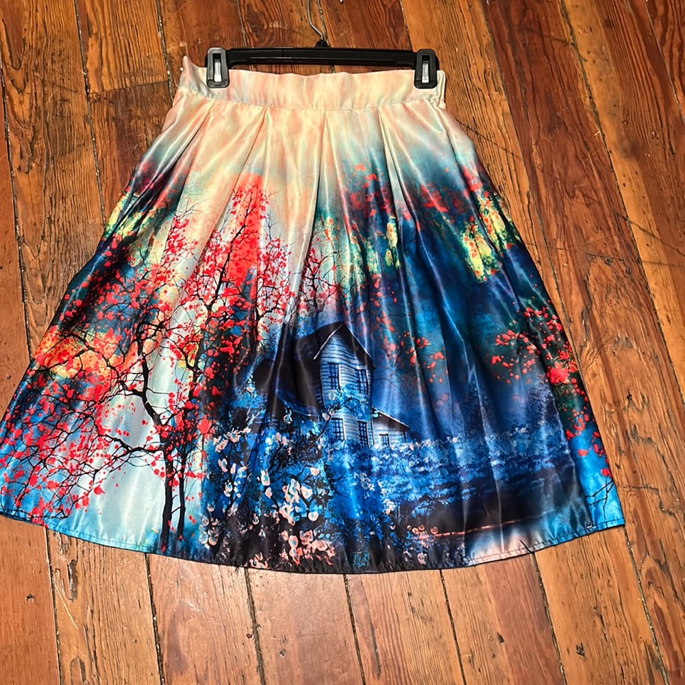A silky colorful midi skirt.